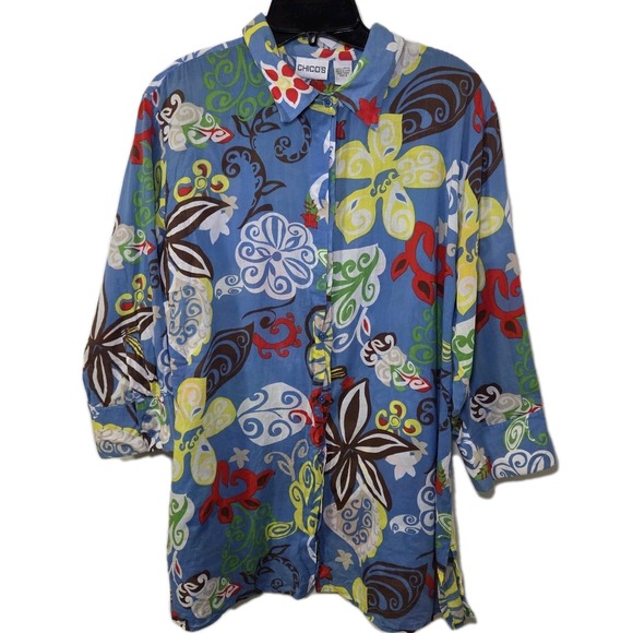 Chico's Tops - Chico's Floral Button Up Tunic Top Women's Size 2 (Large) Blue Long Sleeve